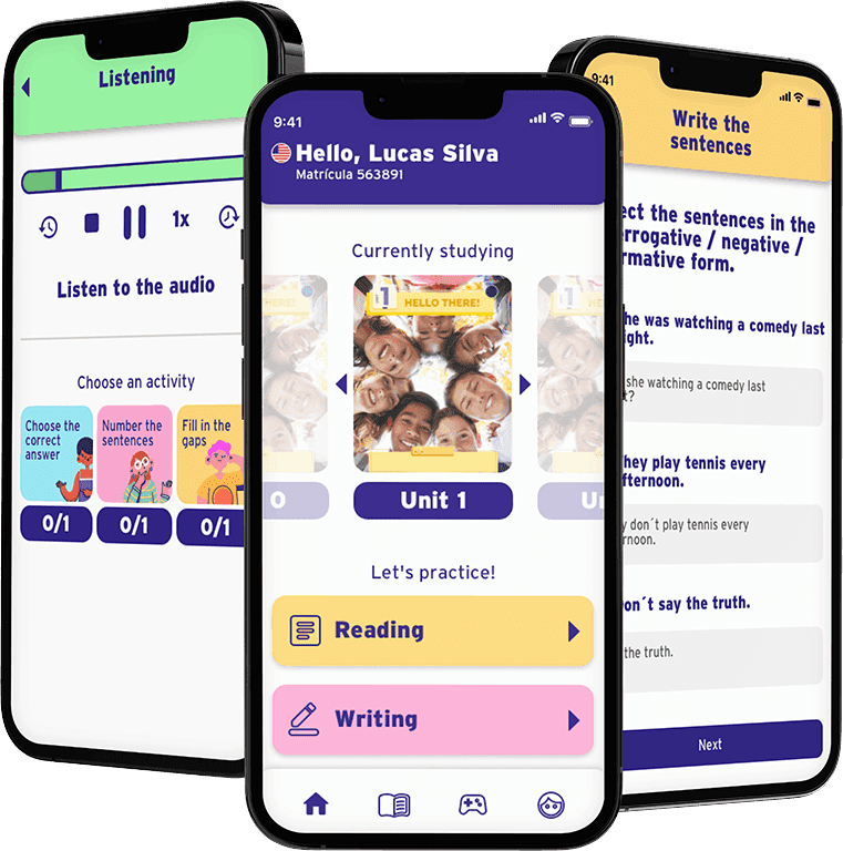 telas de celular com demonstrações de como é o aplicativo do curso de idiomas do Etapa.